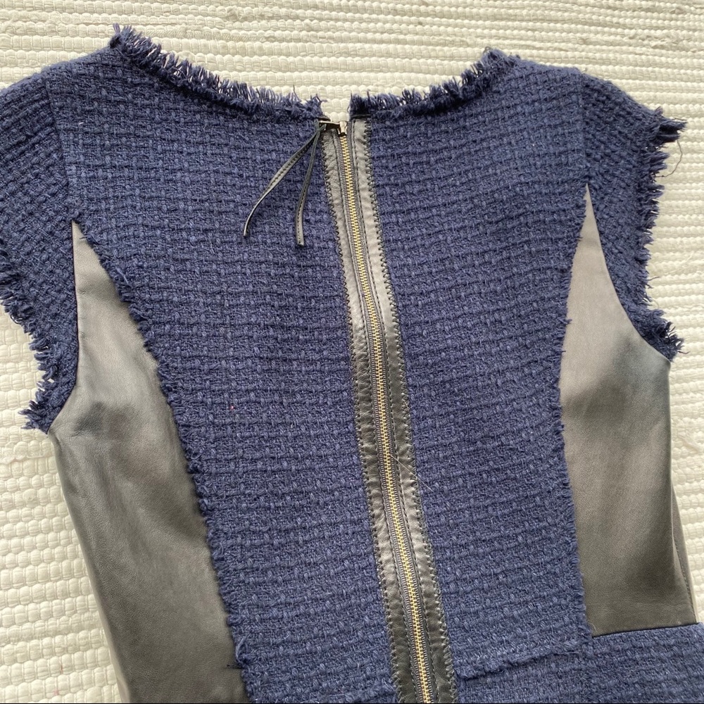 Rebecca Taylor Navy Blue Fringed Tweed Black Leather Panel Sheath Dress Size 4 - Picture 7 of 11